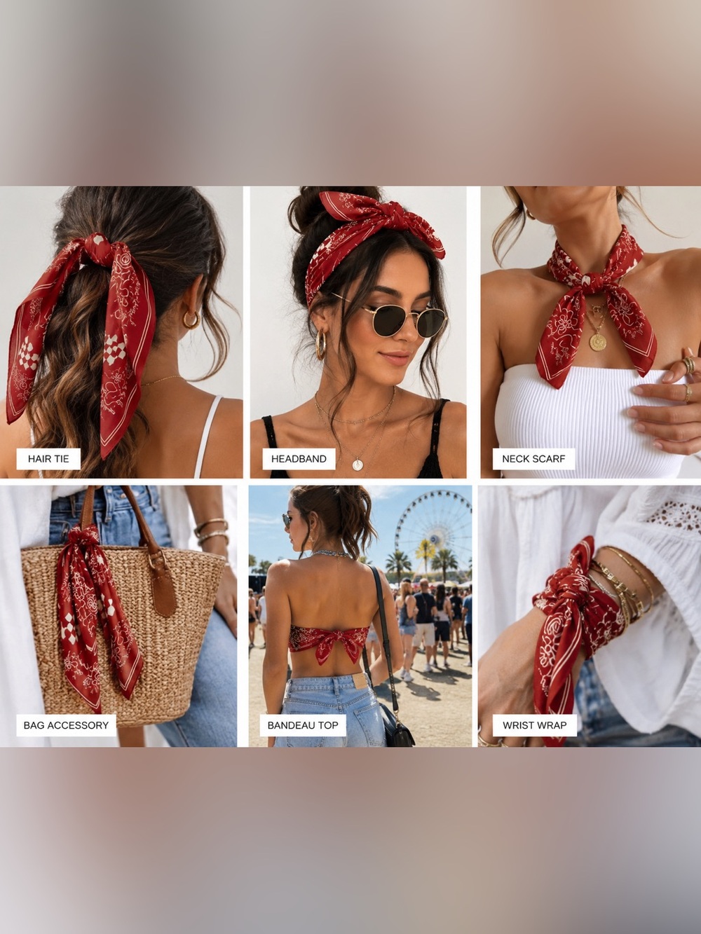 Zara Rust Red Graphic Square Bandana Scarf French Spanish Script Print Hair Tie